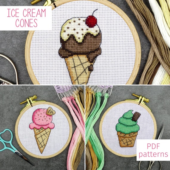 Bundle of Ice Cream Cones Cross Stitch Patterns | Summer Sweet Treats Cross Stitch PDF Patterns for Digital Download