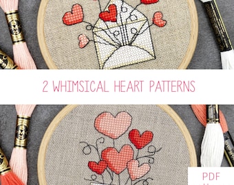 Patrones de punto de cruz Mini Maceta de Corazones Y Sobre de Corazones (juego de 2) para el Día de San Valentín / Patrones románticos en PDF para descarga digital