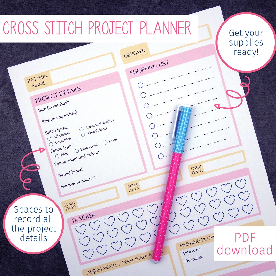 Cross Stitch Project Planner Sheet and Stitch Tracker Etsy UK