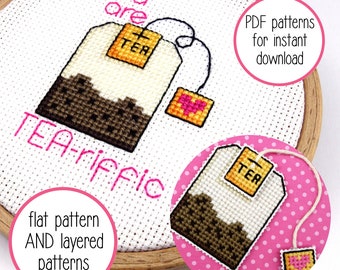 Cute Teabag Cross Stitch Pattern (can be made as layered 3D cross stitch ornament) | Tea Lover Cross Stitch PDF Pattern for Digital Download