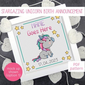 Stargazing Unicorn Anúncio de nascimento de bebê padrão de ponto cruz, berçário de bebê personalizável gráfico de ponto cruz contado em PDF (download digital)
