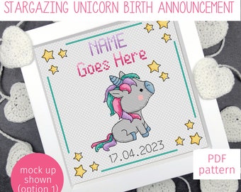 Stargazing Unicorn Baby Birth Announcement Cross Stitch Pattern, Customisable Baby Nursery Counted Cross Stitch PDF Chart (Digital Download)