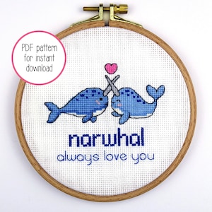 Cute Narwhal Cross Stitch Pattern for Valentine&#39;s Day | Modern Cross Stitch PDF Pattern for Digital Download