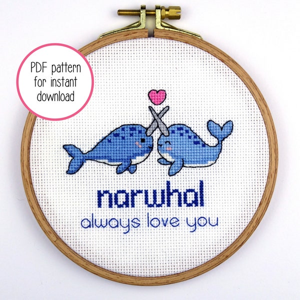 Cute Narwhal Cross Stitch Pattern for Valentine's Day | Modern Cross Stitch PDF Pattern for Digital Download