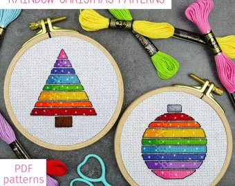 Rainbow Christmas Bauble and Tree Cross Stitch PDF Patterns (set of 2), Easy Holiday Counted Cross Stitch Charts