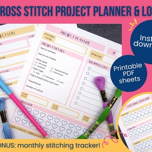 Cross Stitch Project Planner & Log plus Monthly Stitching Tracker, Cross Stitch Journal Printable PDFs for Digital Download