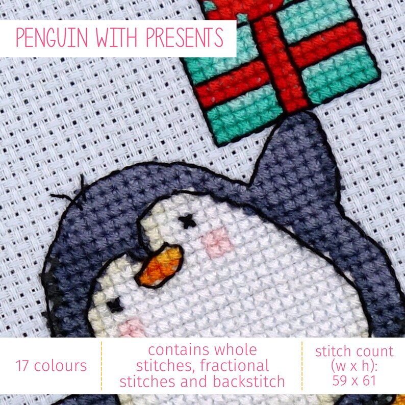 May include: Cross stitch pattern featuring a penguin holding a wrapped present. The pattern uses 17 colors and includes whole stitches, fractional stitches, and backstitch. The pattern is 59 stitches wide by 61 stitches high.