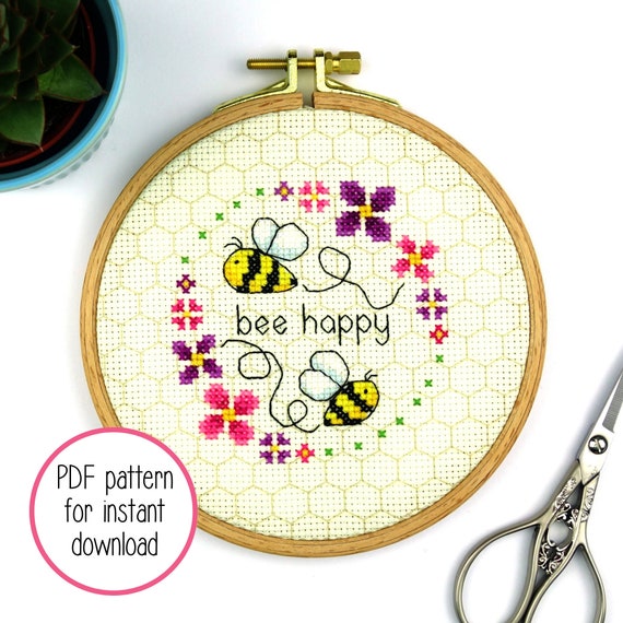 Cute Bee Happy Cross Stitch Pattern Easy Mini Cross Stitch Etsy UK