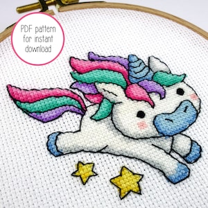 Cute Leaping Unicorn Cross Stitch Pattern | Magical Unicorn with Stars Modern Cross Stitch PDF Pattern for Digital Download