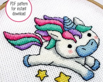 Cute Leaping Unicorn Cross Stitch Pattern | Magical Unicorn with Stars Modern Cross Stitch PDF Pattern for Digital Download