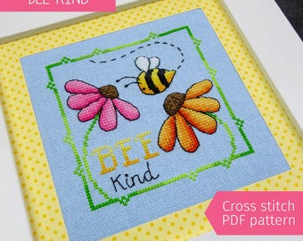 Bee Kind Cross Stitch Pattern, Floral Positive Quote (PDF Pattern)