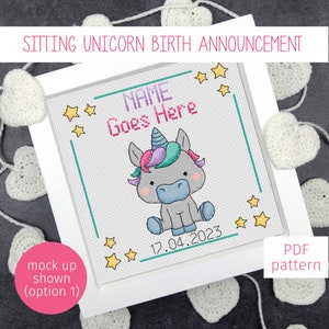 Sitting Unicorn Baby Birth Announcement Cross Stitch Pattern, Customisable Baby Nursery Counted Cross Stitch PDF Chart (Digital Download)