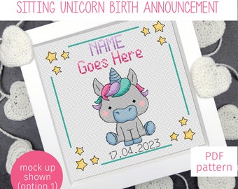 Sitting Unicorn Baby Birth Announcement Cross Stitch Pattern, Customisable Baby Nursery Counted Cross Stitch PDF Chart (Digital Download)