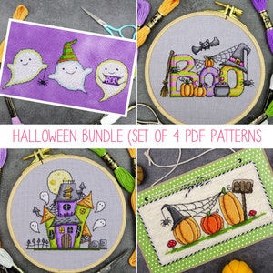 May include: A set of four Halloween-themed cross-stitch patterns. The patterns include a haunted house, ghosts, pumpkins, a spider web, and the word "BOO".