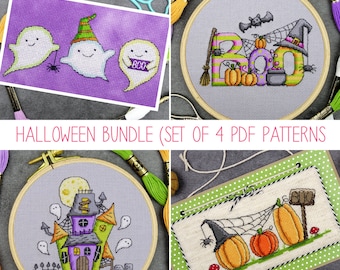Bundle of Halloween Cross Stitch Patterns, Spooky Cross Stitch Pattern Set (4 designs), Small Halloween Counted Cross Stitch Charts