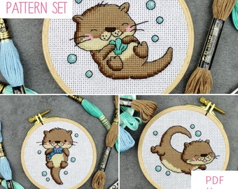 Bundle of Otter Cross Stitch Patterns (3 patterns) | Cute Otter Mini Cross Stitch PDF Pattern Set for Digital Download