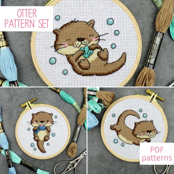 Lot de motifs point de croix loutre (3 motifs) | Cute Otter Mini Cross Stitch PDF Pattern Set pour téléchargement numérique