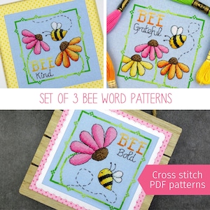 Ensemble de motifs PDF point de croix, citations d'abeilles positives (comprend 3 motifs et des options de formulation)