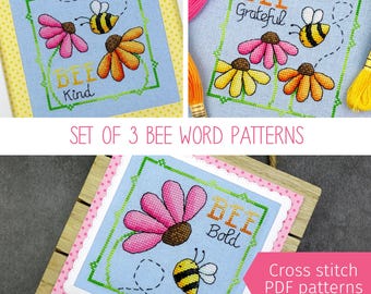 Positive Bee Quotes Cross Stitch PDF Pattern Set (Includes 3 patterns plus wording options)
