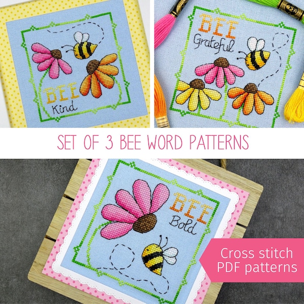 Positive Bee Quotes Cross Stitch PDF Pattern Set (Includes 3 patterns plus wording options)