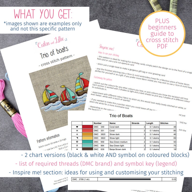 May include: A cross stitch pattern for a trio of boats with a color chart and instructions. The pattern is titled "Trio of Boats" and includes a list of required DMC threads and a symbol key. The pattern is 63 stitches wide by 33 stitches high.