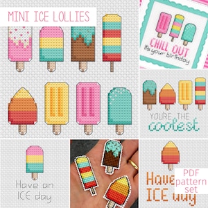 Mini Ice Lollies Cross Stitch Pattern Set / Lindos patrones PDF de punto de cruz de helado para descarga digital