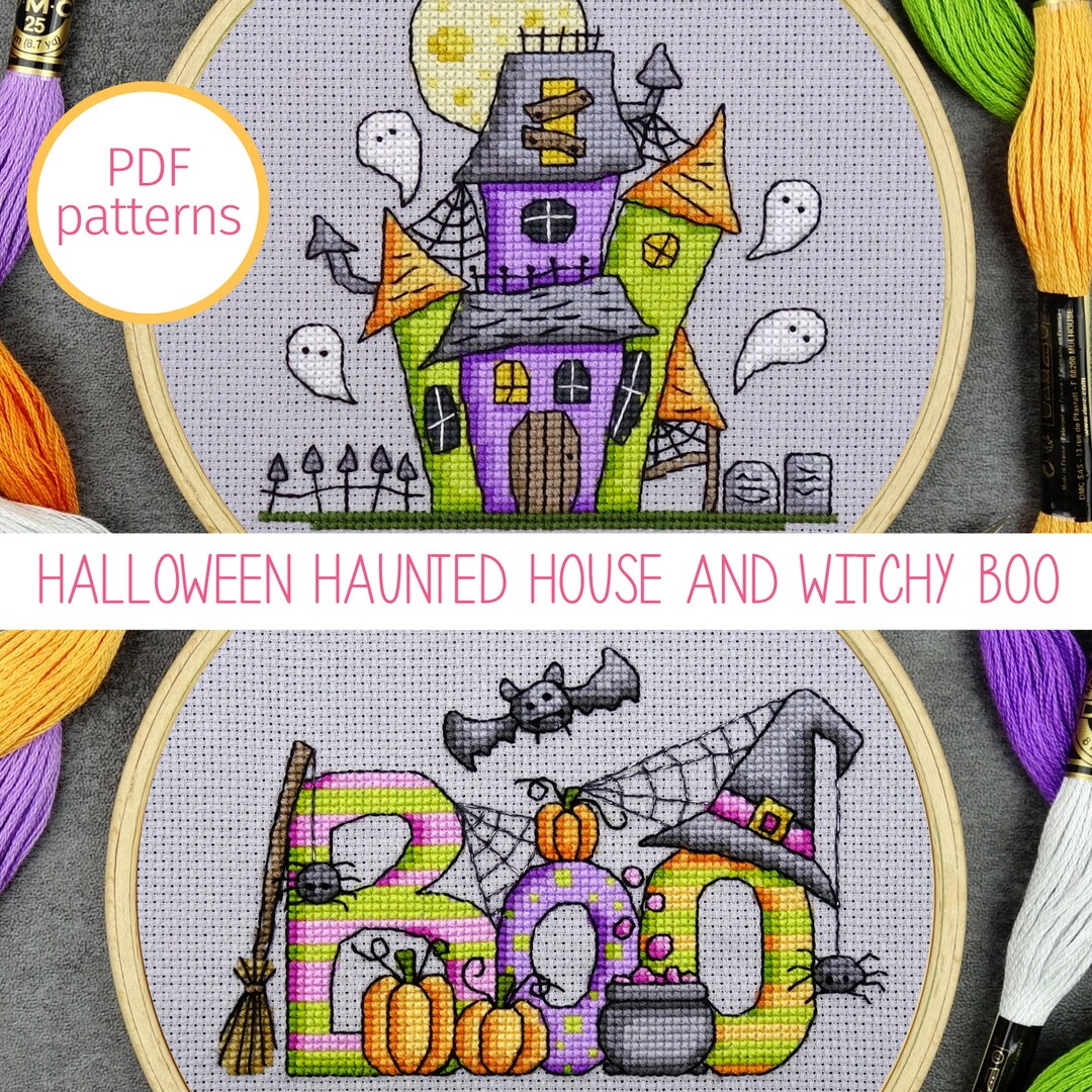 Halloween Cross Stitch Pattern Set, Haunted House and BOO Word Spooky ...