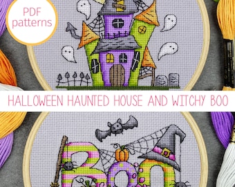 Halloween Cross Stitch Pattern Set, Haunted House and BOO Word Spooky Cross Stitch Pattern, Halloween Counted Cross Stitch Chart