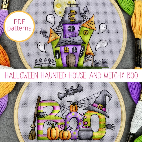 Halloween Cross Stitch Pattern Set, Haunted House and BOO Word Spooky Cross Stitch Pattern, Halloween Counted Cross Stitch Chart