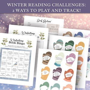 Può includere: Due schede di sfida di lettura invernale stampabili. Una è una scheda di bingo con caselle come "Si svolge durante le vacanze invernali" e "Ha uno sfondo bianco". L'altra è un set di schede a forma di guanto con suggerimenti come "Si svolge in un lodge o resort" e "Presenta una libreria".