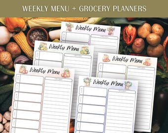 May include: Five printable weekly menu and grocery planner pages featuring a watercolour design of vegetables and fruit. Each page has a space for the day of the week, meal ideas, and a grocery list.