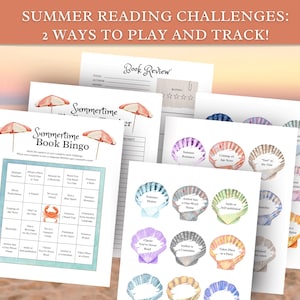 May include: Two printable summer reading challenge cards. One card is a bingo card with squares like "Coming of Age Story" and "Set on an Island". The other card has 12 seashells with titles like "Summer Romance" and "Author has a One-Word Name".