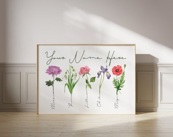 18x12" w/1-6 Watercolor Birth Month Flowers & Names, Gift Idea, Grandma's Garden, Unique Gift, Christmas, Mothers Day, Family Name