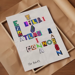 Carta de rescate digital, 30 x 45 cm con 8 nombres, letrero personalizado con nombre para la familia, único, regalo para mamá, abuelo, Navidad, crucigrama