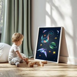 Impresión del espacio exterior para niños, arte de dinosaurios para guardería, dinosaurio espacial, impresiones del espacio exterior, decoración de pared con dinosaurios, sala de juegos para niños, guardería con temática espacial