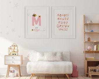 Honey Bee, Bee Alphabet, Girls Honey Bee Name Sign, Bee Nursery, Kid Bedroom Art, Pink, Set of 2, Educational, Bee Lover, Sweet Little Honey