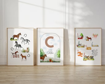 Personalized Equestrian Kids Name Print, Farm Animals Print, Equestrian Nursery Wall Art, Horses, Nursery Prints, Play Room Art, Unique Gift