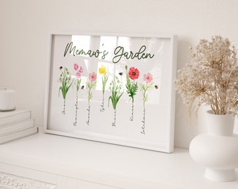 10x8" w/1-3 Honey Bee Birth Month Flowers & Names, Gift Idea, Grandma's Garden, Unique Gift, Christmas, Mothers Day, Family Name