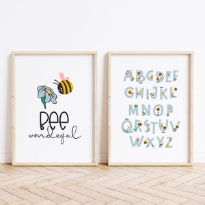 Honey Bee, Bee Wonderful, Bee You, Bee Nursery Bedroom Art, Yellow, Set of 2, Educational, Bee Lover, Sweet Little Honey, Bumblebee, Bees image 1