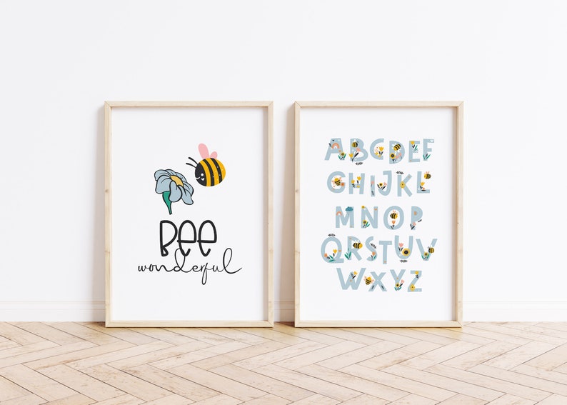 Honey Bee, Bee Wonderful, Bee You, Bee Nursery Bedroom Art, Yellow, Set of 2, Educational, Bee Lover, Sweet Little Honey, Bumblebee, Bees image 1