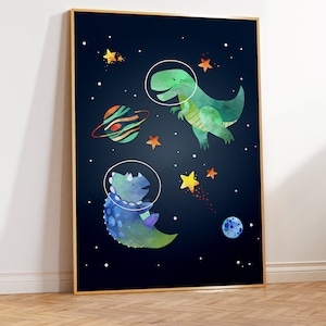 Impresión del espacio exterior para niños, arte de dinosaurios para guardería, dinosaurio espacial, impresiones del espacio exterior, decoración de pared con dinosaurios, sala de juegos para niños, guardería con temática espacial