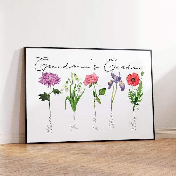 14x11" w/1-4 Watercolor Birth Month Flowers & Names, Gift Idea, Grandma's Garden, Unique Gift, Christmas, Mothers Day, Family Name