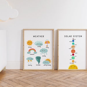 Arte colorido del sistema solar y el clima, carteles coloridos para niños, arte mural educativo, educación en el hogar, preescolar, aula, guardería, jardín de infantes