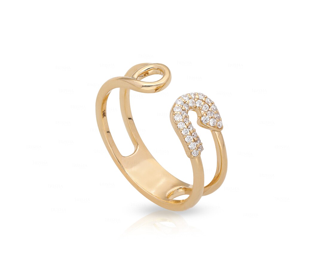 14K Gold 0.14ct. Genuine Diamond Safety Pin Design Double Band Ring ...