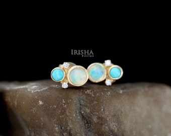 14k Gold and Genuine Diamond Opal And Turquoise Gemstone Studs Earrings