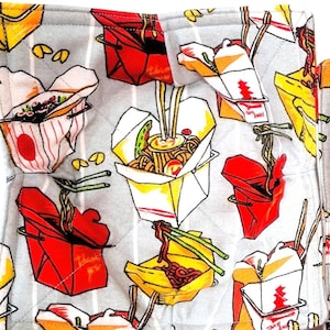 May include: Two square gray fabric pot holders with a repeating pattern of red and yellow takeout containers with chopsticks and noodles. The containers have the text "Thank You" on them.