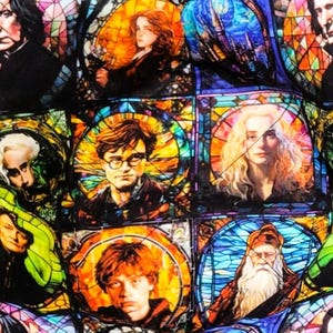 May include: Two oven mitts with a stained glass design featuring characters from a popular fantasy series. The mitts are primarily black with colorful images of characters in circular and rectangular frames.