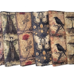 May include: A set of six rectangular fabric panels featuring vintage-style illustrations. Designs include a red anatomical heart, a winged figure, a red rose, a large moth, black crows perched on branches, and trees with umbrella-shaped tops.