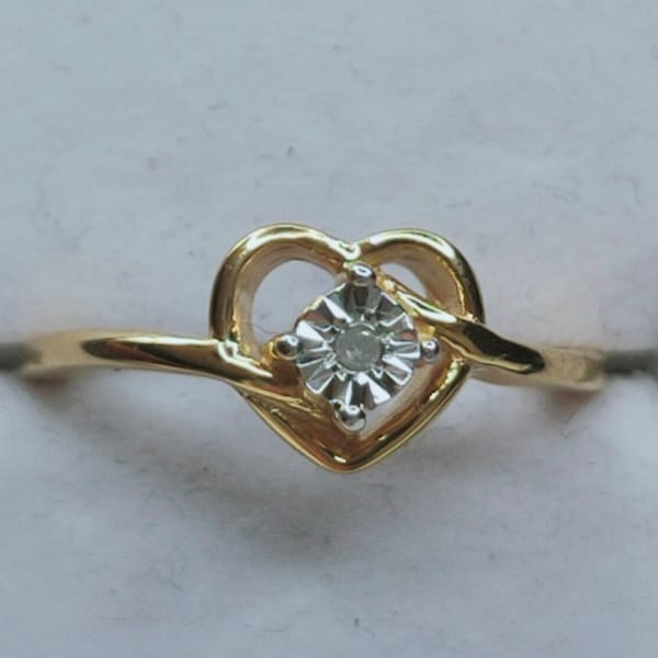 Ring - Diamond Love Heart Ring (Size Q & S) in 14K Gold Overlay Sterling Silver.  FREE POSTAGE