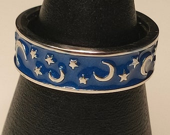 Ring - Band (Enamelled Crescent Moon & Star) Platinum Overlay Sterling Silver Ring (Size M/N) FREE POSTAGE
